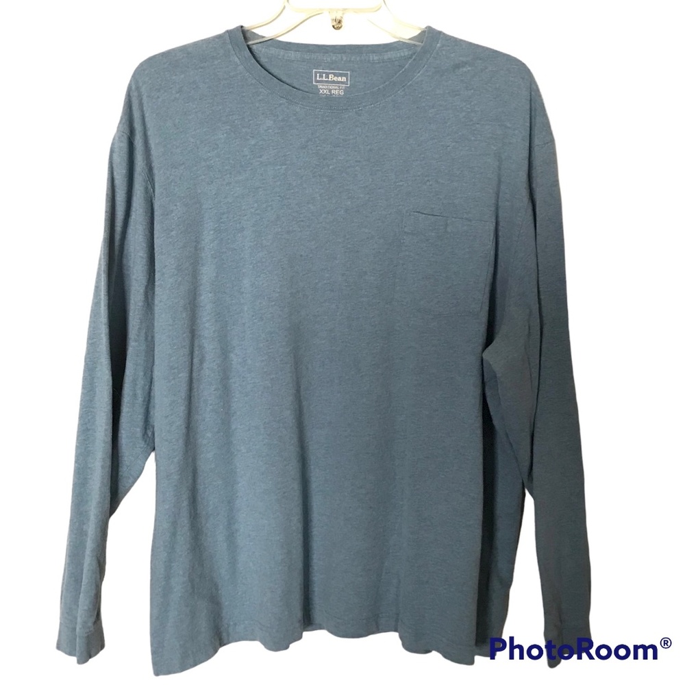 L.L. Bean Men's Blue Heather Carefree Unshrinkable Tee, Pocket Long-Sleeve - XXL